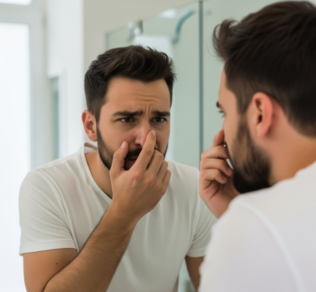A male patient looks unhappily at his nose in a mirror, expressing dissatisfaction, possibly before or after rhinoplasty.