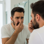 A male patient looks unhappily at his nose in a mirror, expressing dissatisfaction, possibly before or after rhinoplasty.