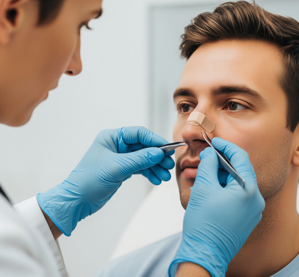A doctor in blue gloves carefully examines a male patient's nose, which has a small bandage (pensement) on it, suggesting post-rhinoplasty care or a nose injury.