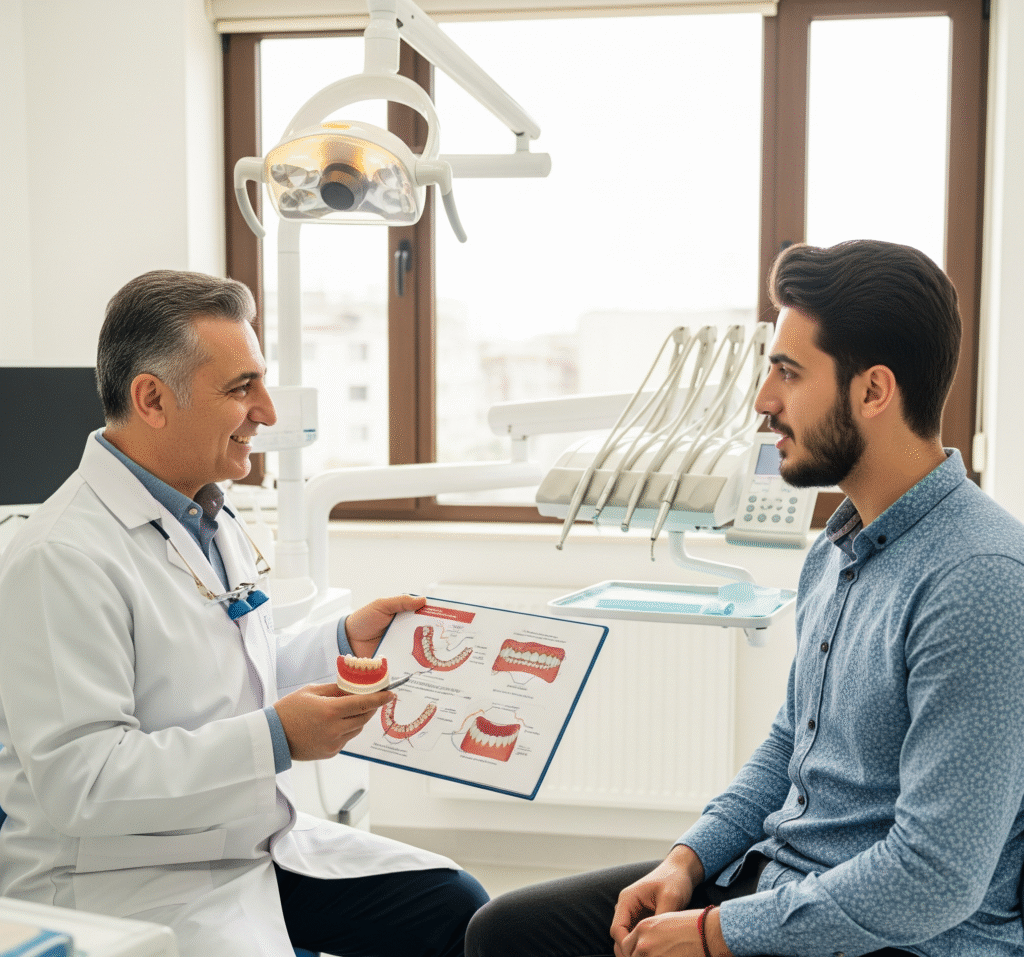 Dentist explains root canal treatment to a male patient using a dental model.