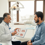 Dentist explains root canal treatment to a male patient using a dental model.
