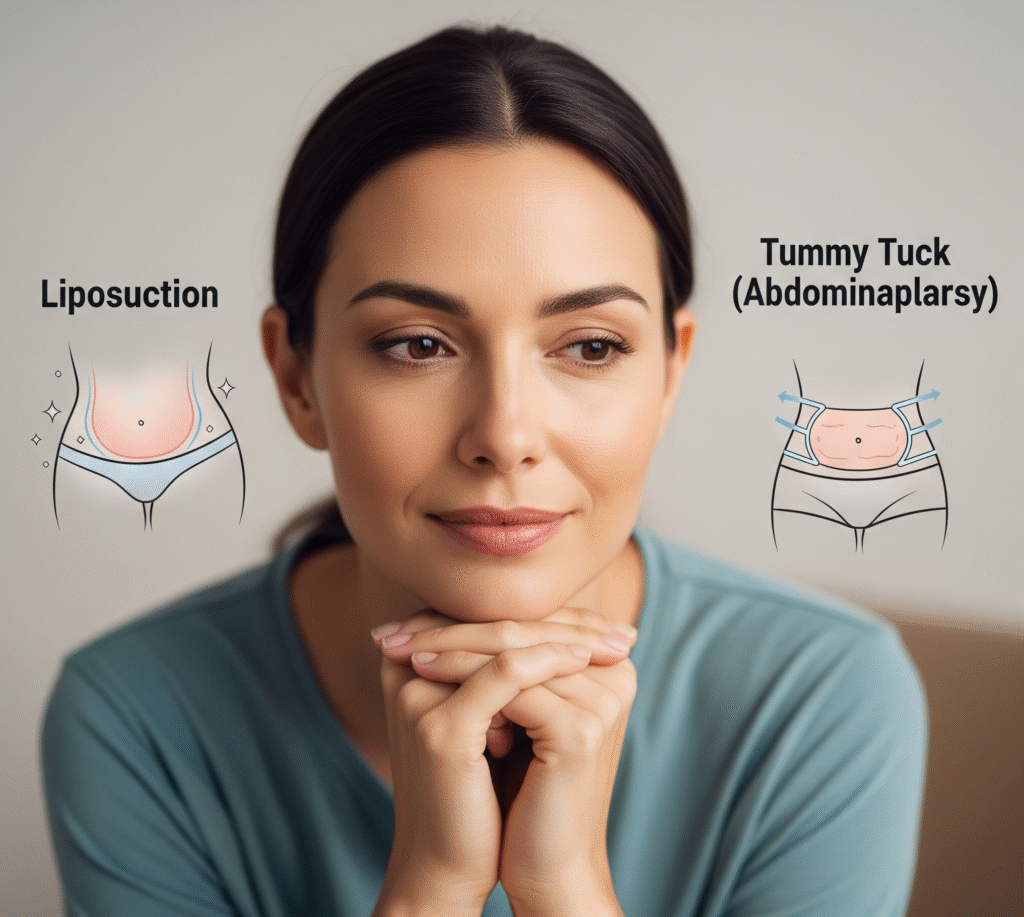 A thoughtful woman is shown with stylized illustrations for liposuction and tummy tuck.