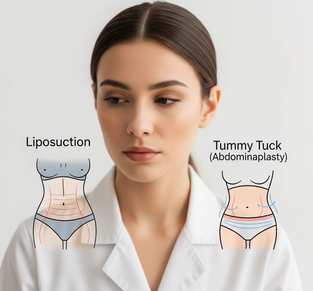 A woman with a pensive look, flanked by simplified diagrams of liposuction and tummy tuck.