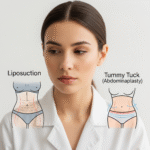A woman with a pensive look, flanked by simplified diagrams of liposuction and tummy tuck.