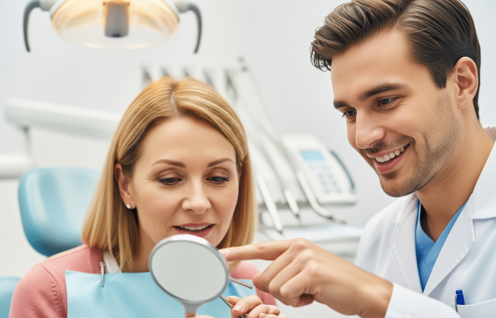 A female patient looks into a small handheld mirror while a male dentist points and explains dental treatment. They are in a dental office setting.