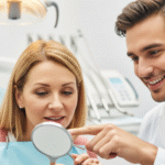 A female patient looks into a small handheld mirror while a male dentist points and explains dental treatment. They are in a dental office setting.