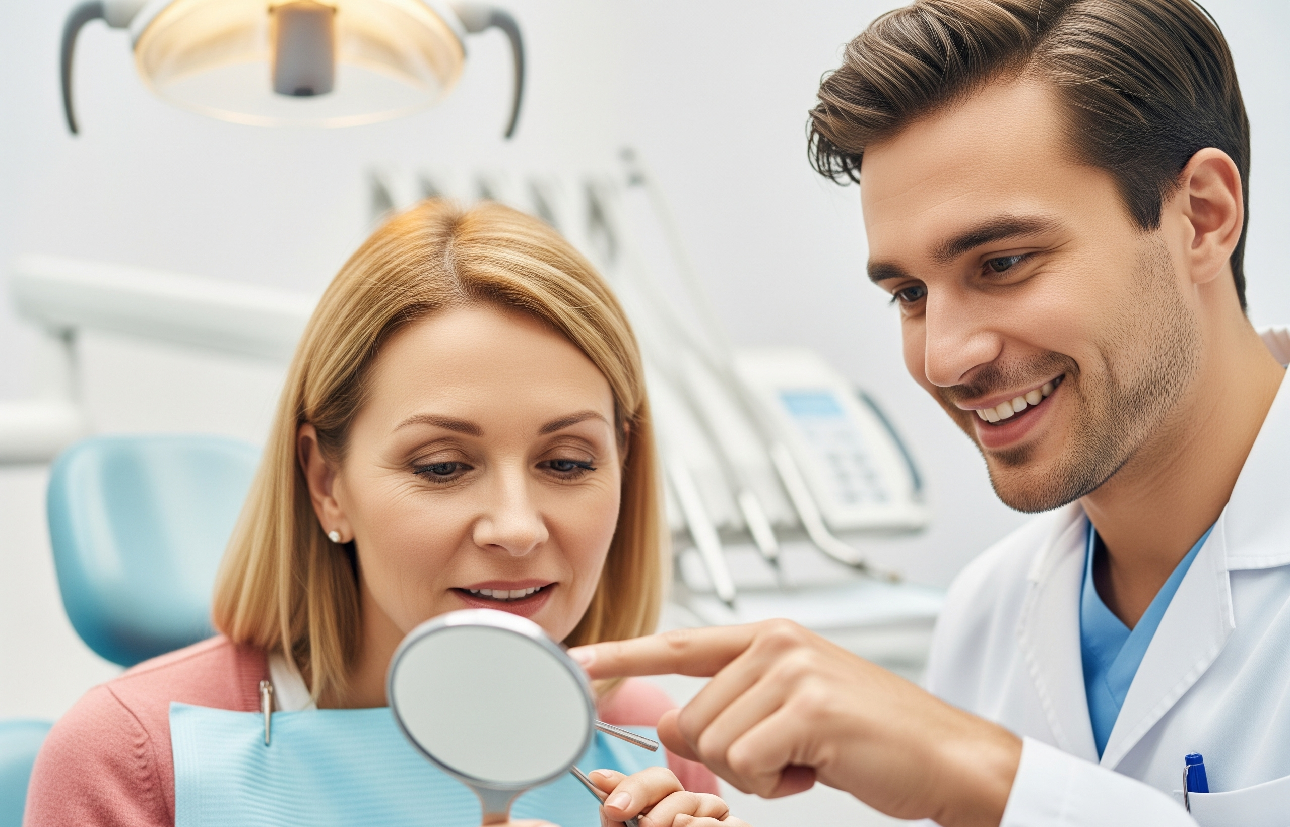 A female patient looks into a small handheld mirror while a male dentist points and explains dental treatment. They are in a dental office setting.
