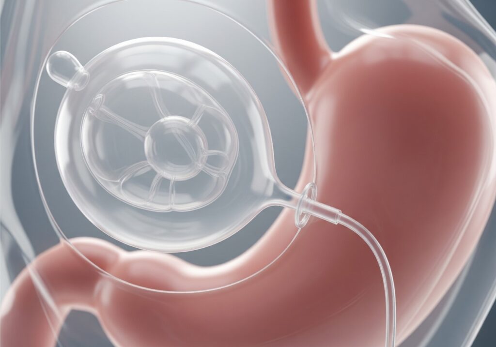 An image showing a realistic depiction of a gastric balloon inside a human stomach, illustrating the procedure which can be a consideration when researching gastric balloon cost.