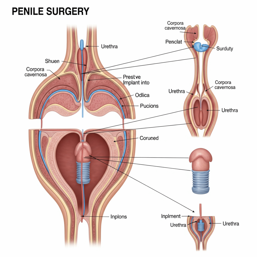 Diagram illustrating different types of penile implants, including inflatable and malleable, showing their surgical placement and connection to reservoir and pump systems.