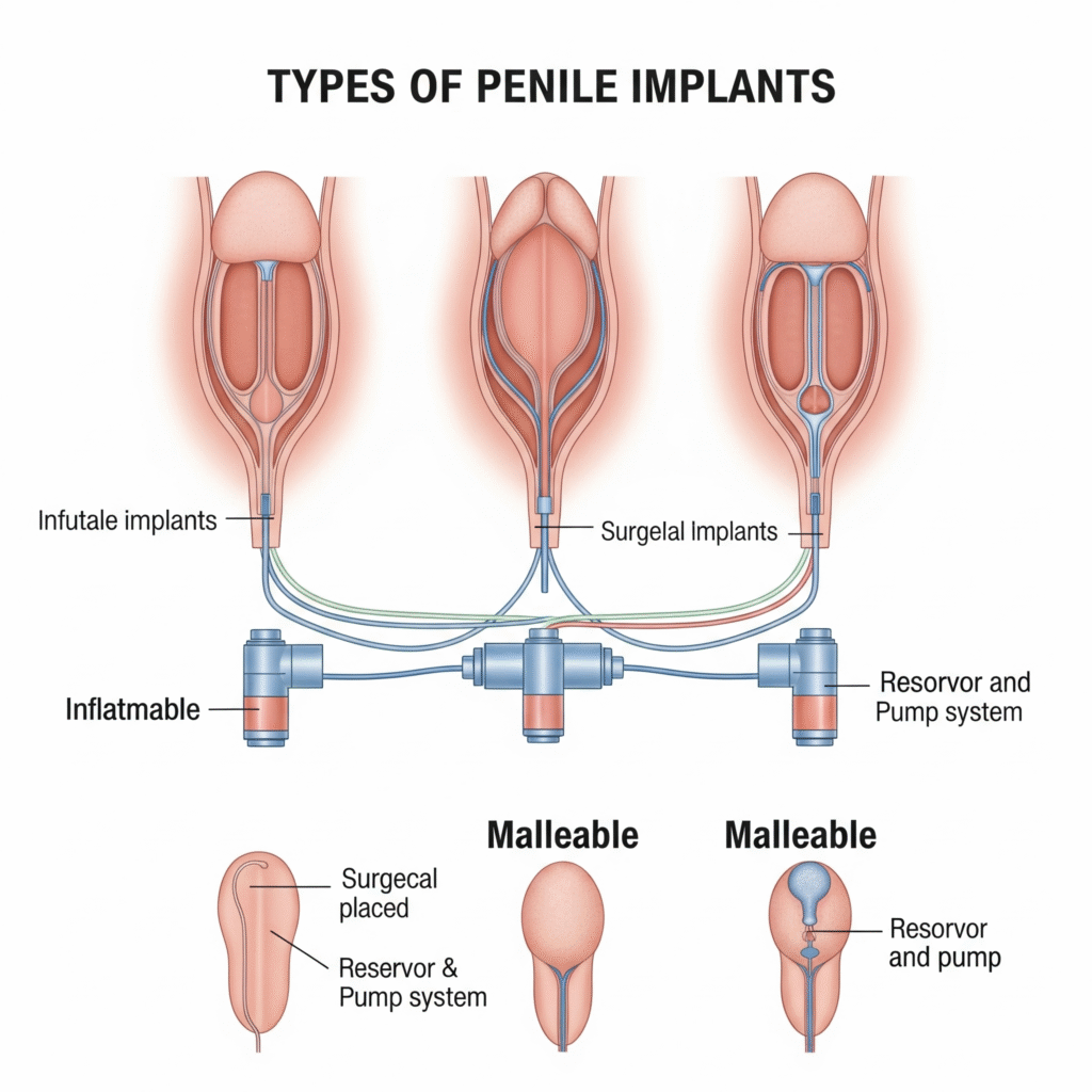 etailed medical illustration depicting penile implant surgery, showing the inflatable device being implanted into the corpora cavernosa and highlighting key anatomical structures.
