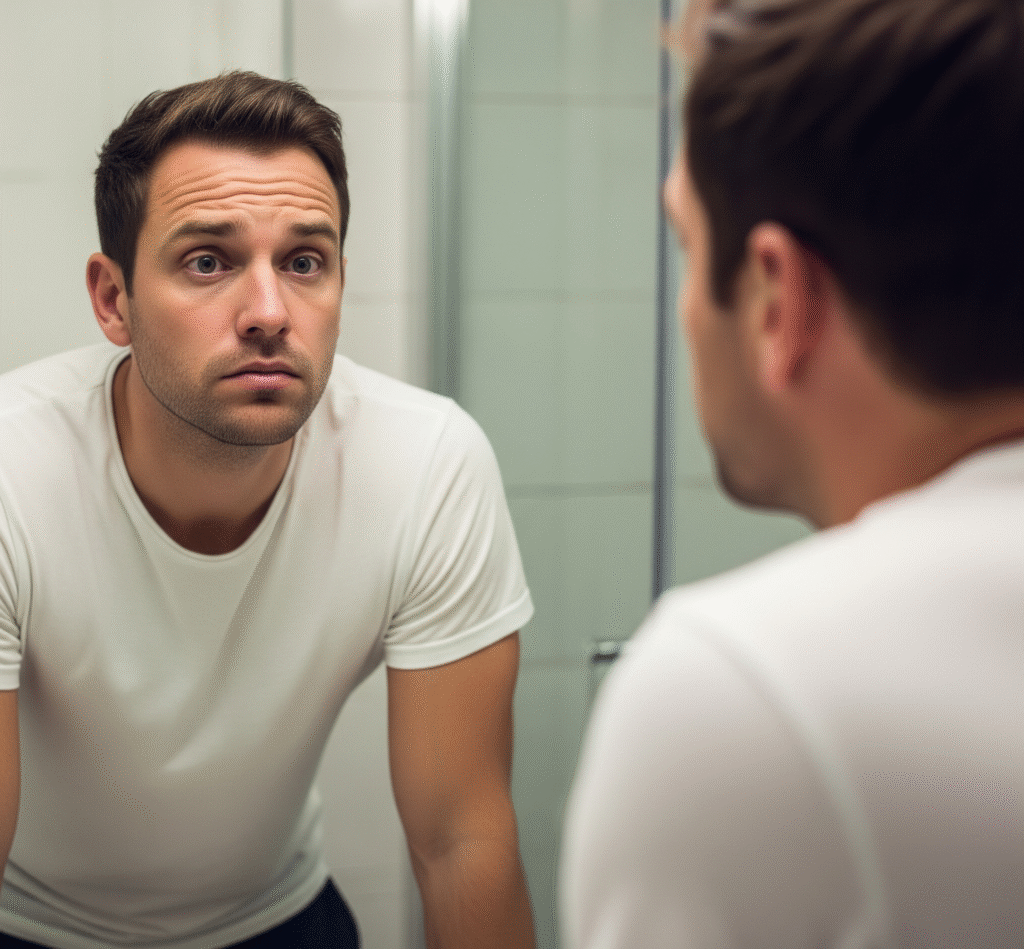 A man looks unhappy while staring at his reflection in a bathroom mirror, contemplating penis enlargement surgery.