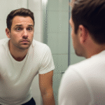 A man looks unhappy while staring at his reflection in a bathroom mirror, contemplating penis enlargement surgery.