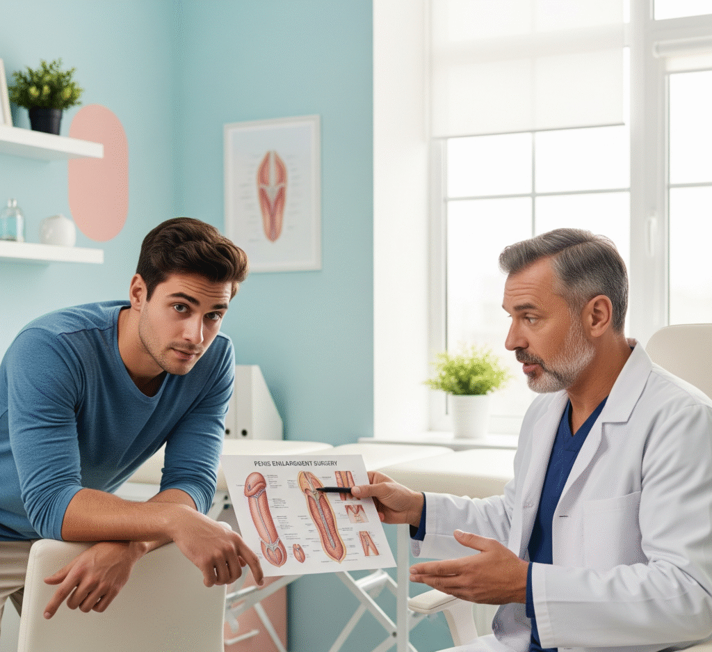 A person consults with a doctor, who is showing diagrams related to penis enlargement surgery, in a professional medical office setting.