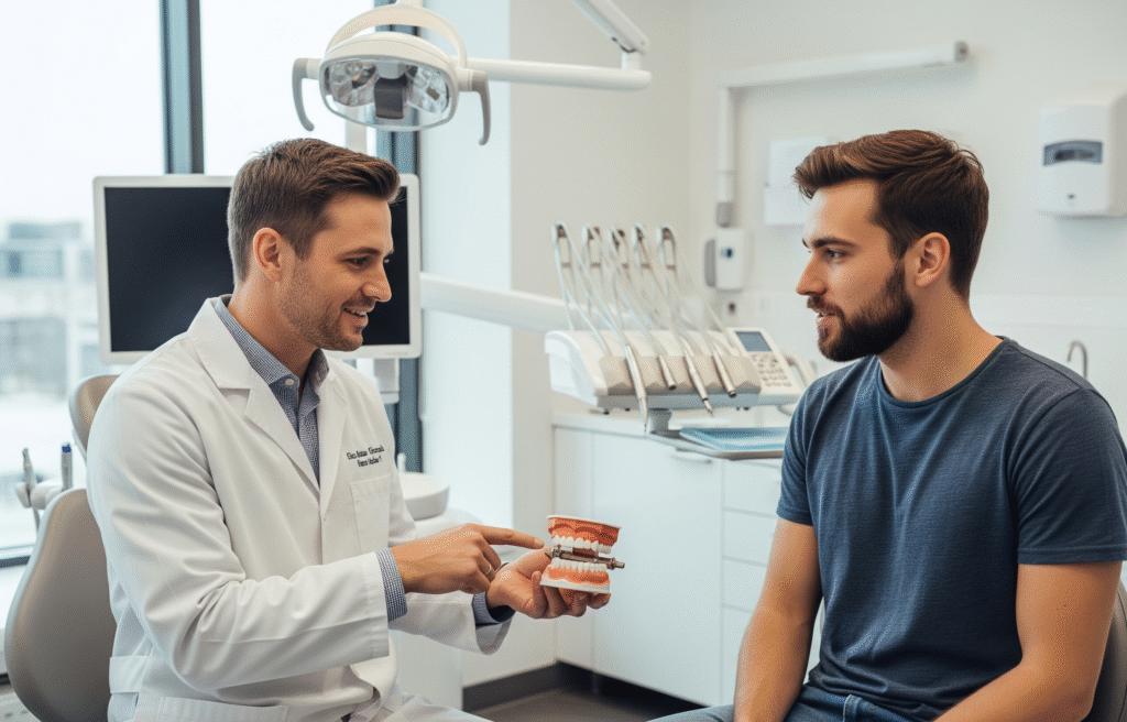 A male patient sits opposite a male dentist in a bright dental office. The dentist points to a dental model displaying composite veneers while discussing treatment options with the patient.