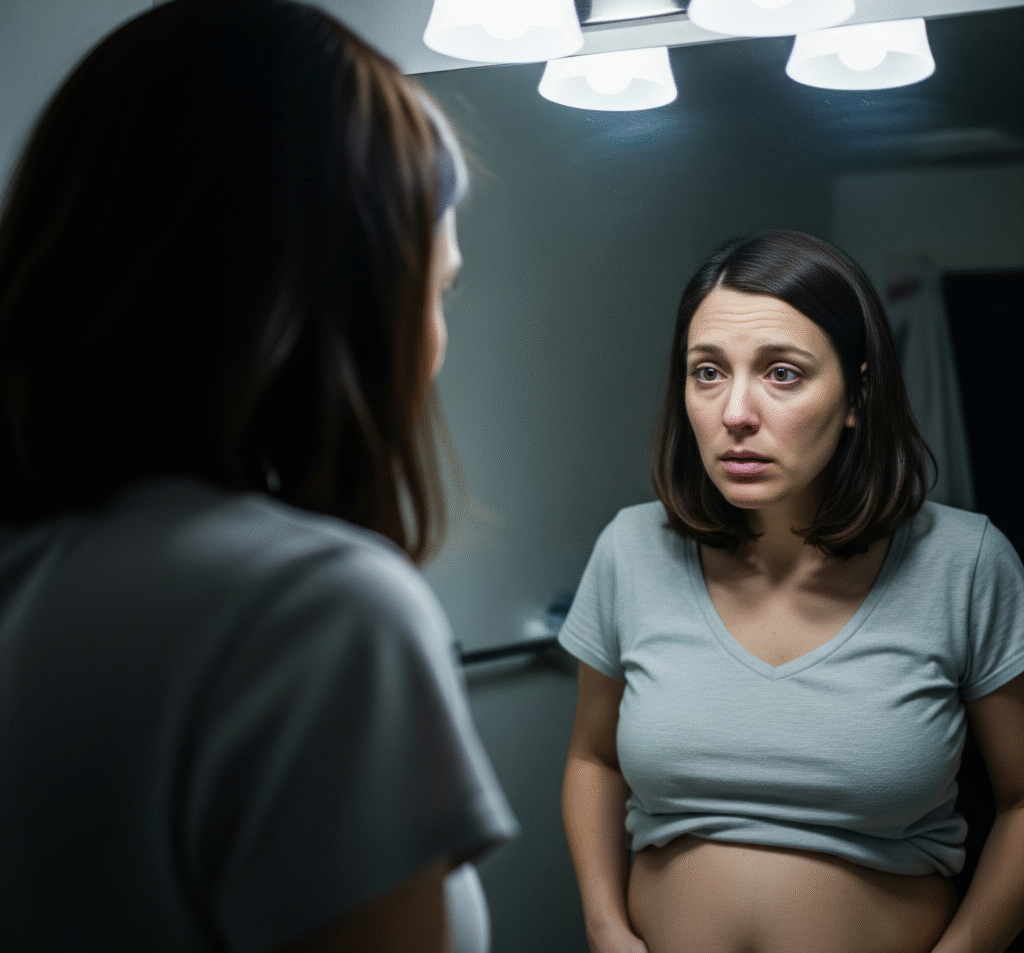 A new mom looking at her reflection, unhappy with saggy skin, wondering what is a mommy makeover.
