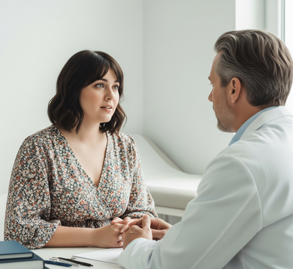 A new mom, appearing a little heavier, consults with a doctor to understand what is a mommy makeover.
