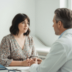 A new mom, appearing a little heavier, consults with a doctor to understand what is a mommy makeover.