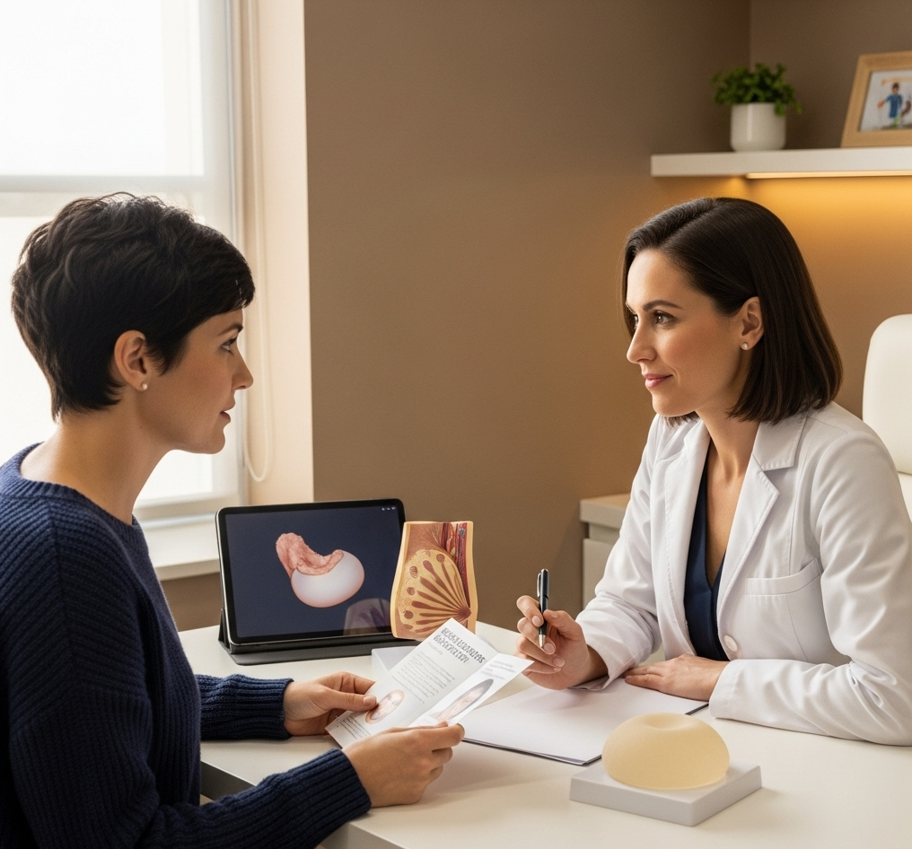 A patient discusses a breast implant procedure with a doctor.
