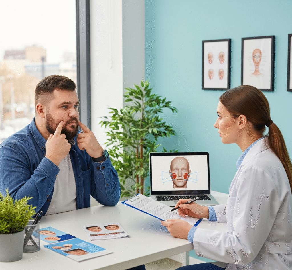 A fat man consulting with a female doctor about buccal fat removal in Turkey. They are in a modern doctor's office with medical charts on the wall and a laptop on the desk displaying a 3D model of a face.