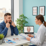A fat man consulting with a female doctor about buccal fat removal in Turkey. They are in a modern doctor's office with medical charts on the wall and a laptop on the desk displaying a 3D model of a face.