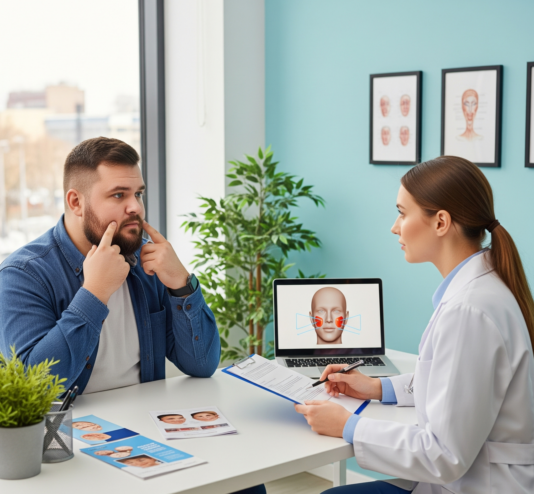 A fat man consulting with a female doctor about buccal fat removal in Turkey. They are in a modern doctor's office with medical charts on the wall and a laptop on the desk displaying a 3D model of a face.