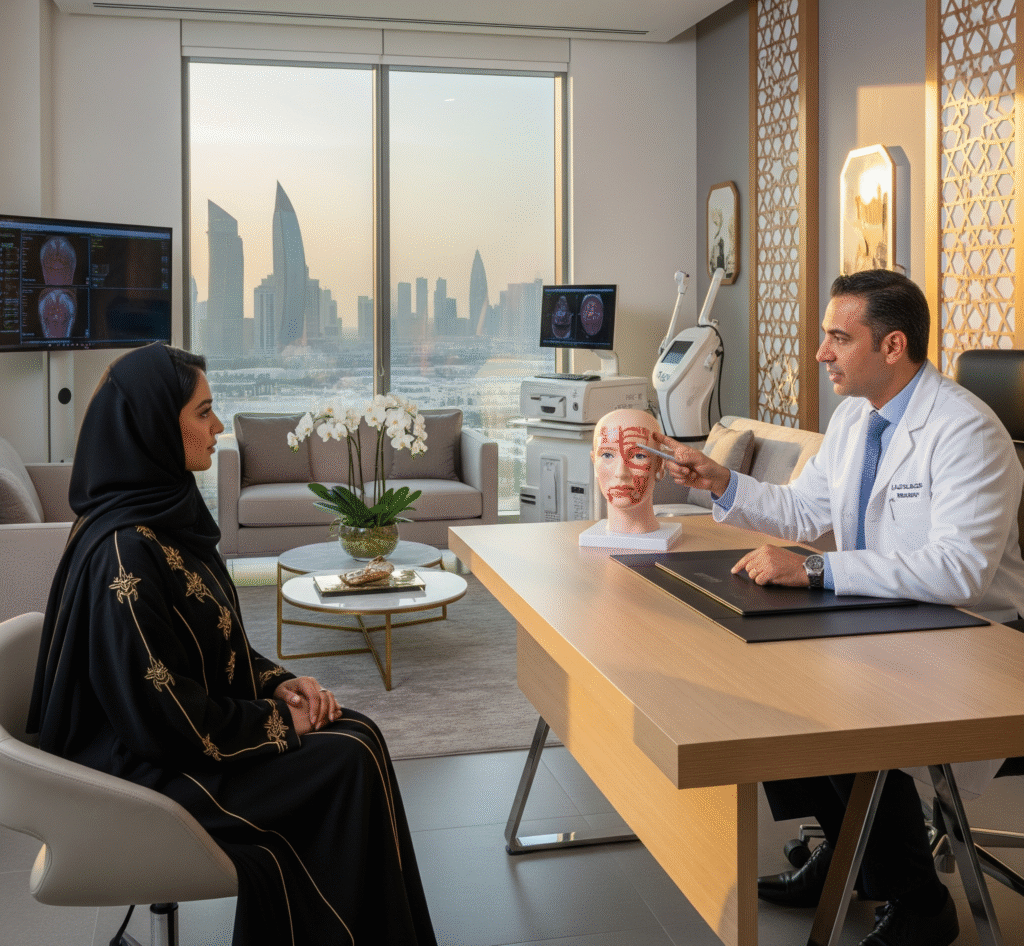 A woman in a black abaya listens to a male plastic surgeon in Bahrain explaining a facial model, with the Bahrain skyline visible through the window, discussing the cost of plastic surgery in Bahrain.