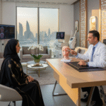 A woman in a black abaya listens to a male plastic surgeon in Bahrain explaining a facial model, with the Bahrain skyline visible through the window, discussing the cost of plastic surgery in Bahrain.
