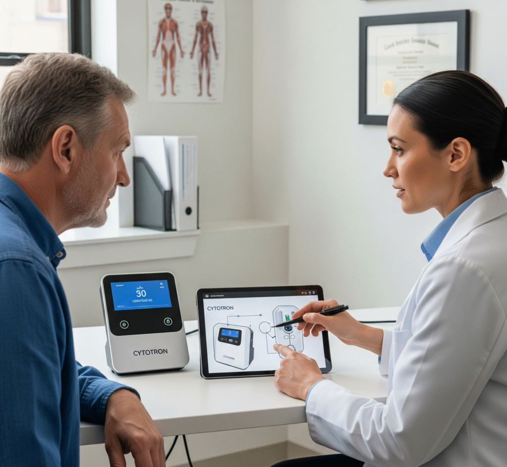 A doctor explains the Cytotron to a patient during a consultation, pointing to a diagram of the device on a tablet.
