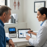 A doctor explains the Cytotron to a patient during a consultation, pointing to a diagram of the device on a tablet.