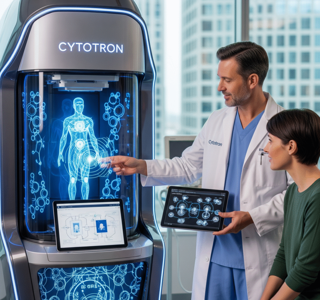A doctor explains the cytotron treatment to a patient in a medical setting.