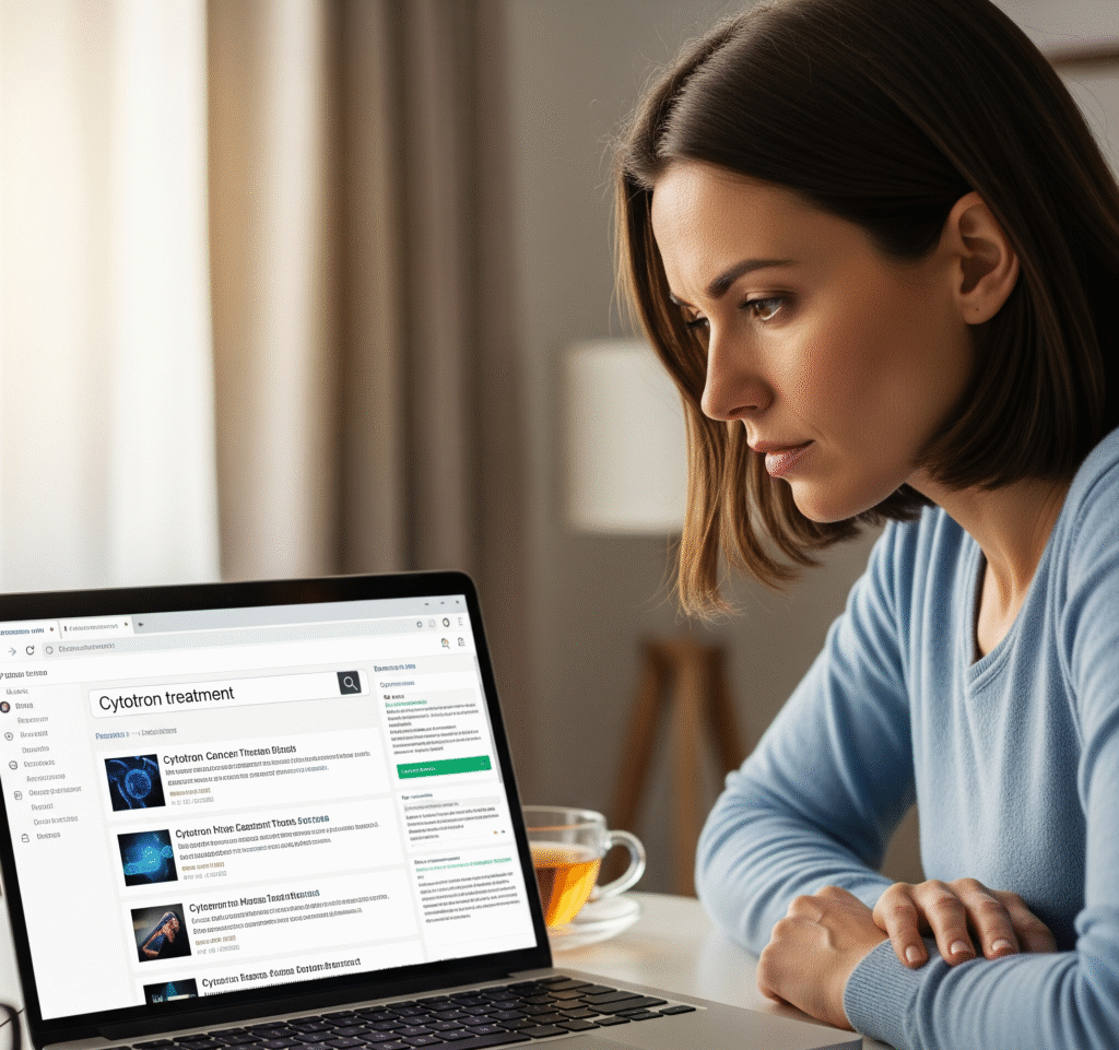 A woman searches for information about cytotron treatment on her laptop.
