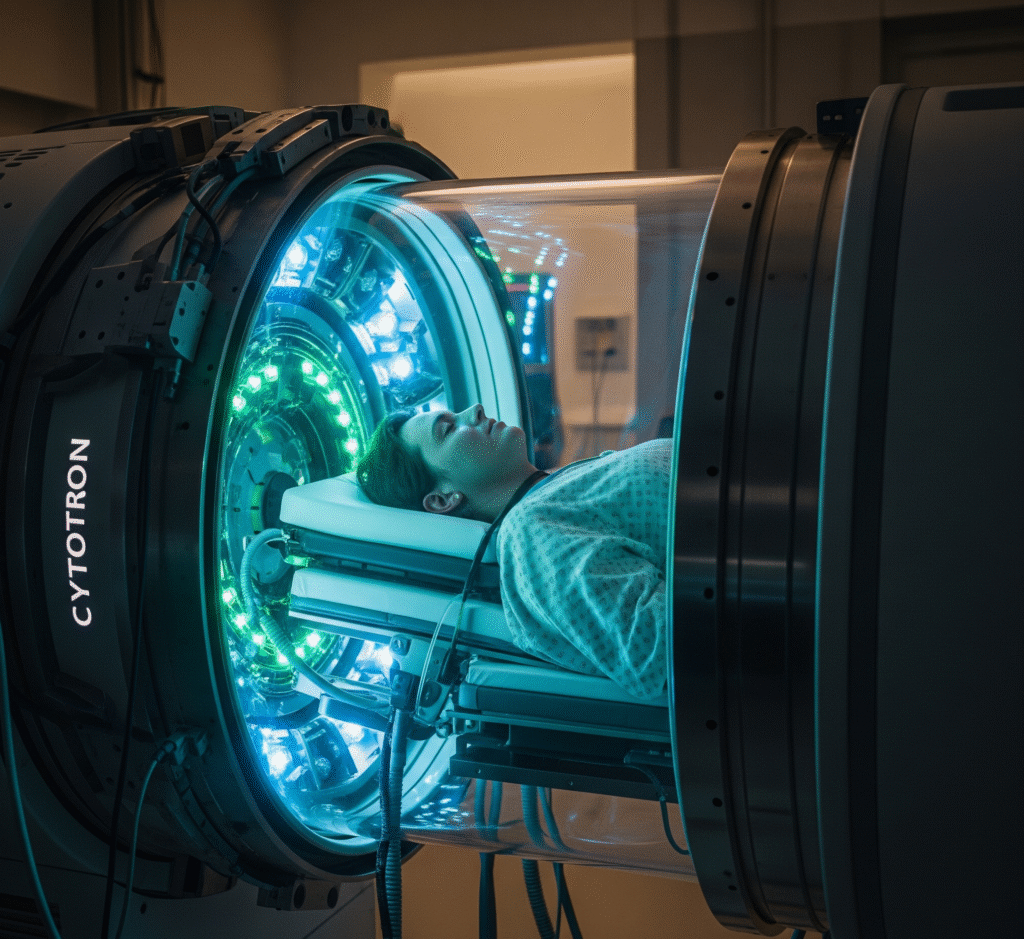 A patient lies inside a Cytotron device, which is a large, futuristic-looking medical machine with glowing blue and green lights.