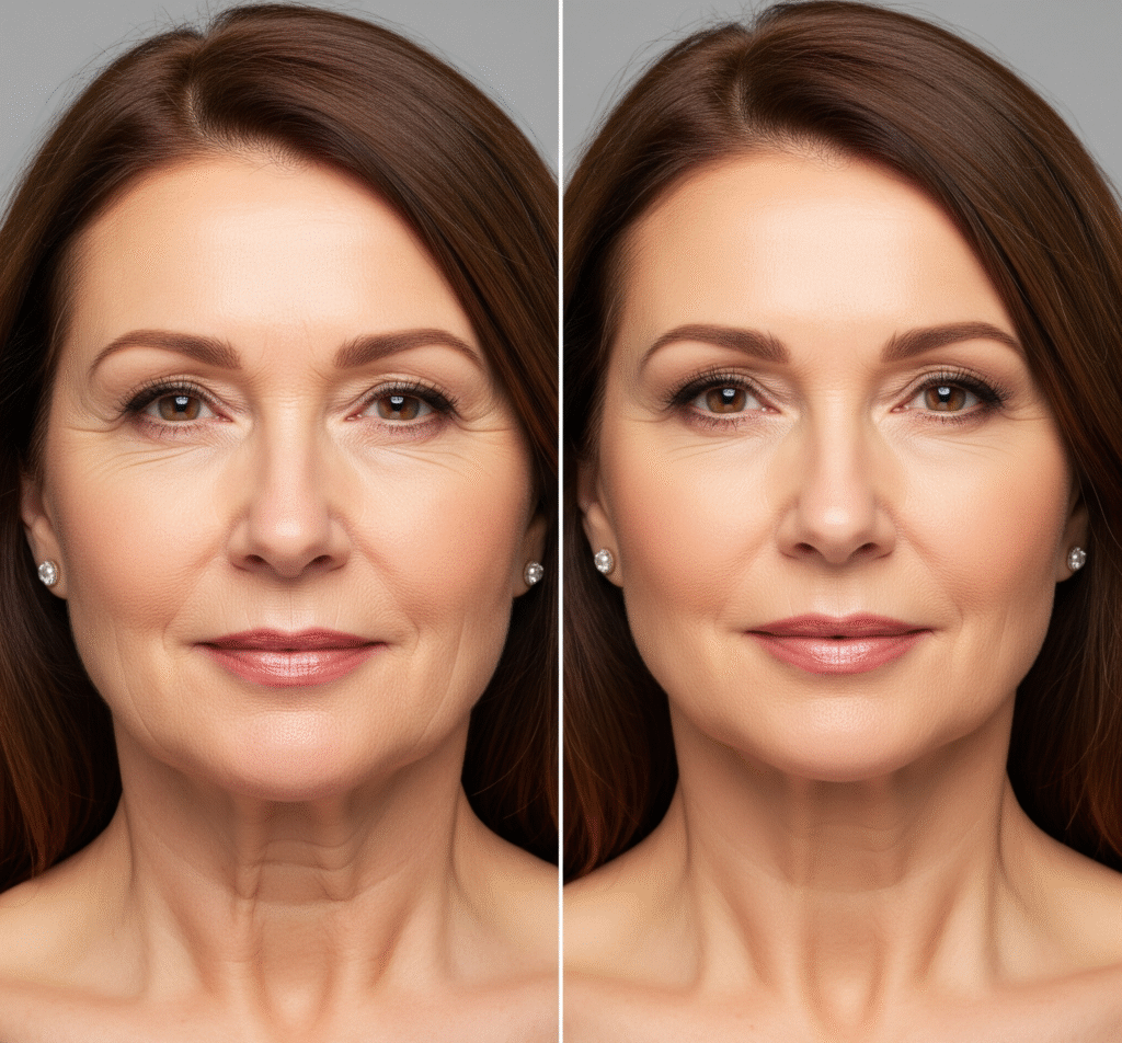 Before and after photos of a woman's face showing the results of a facelift.