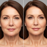 Before and after photos of a woman's face showing the results of a facelift.