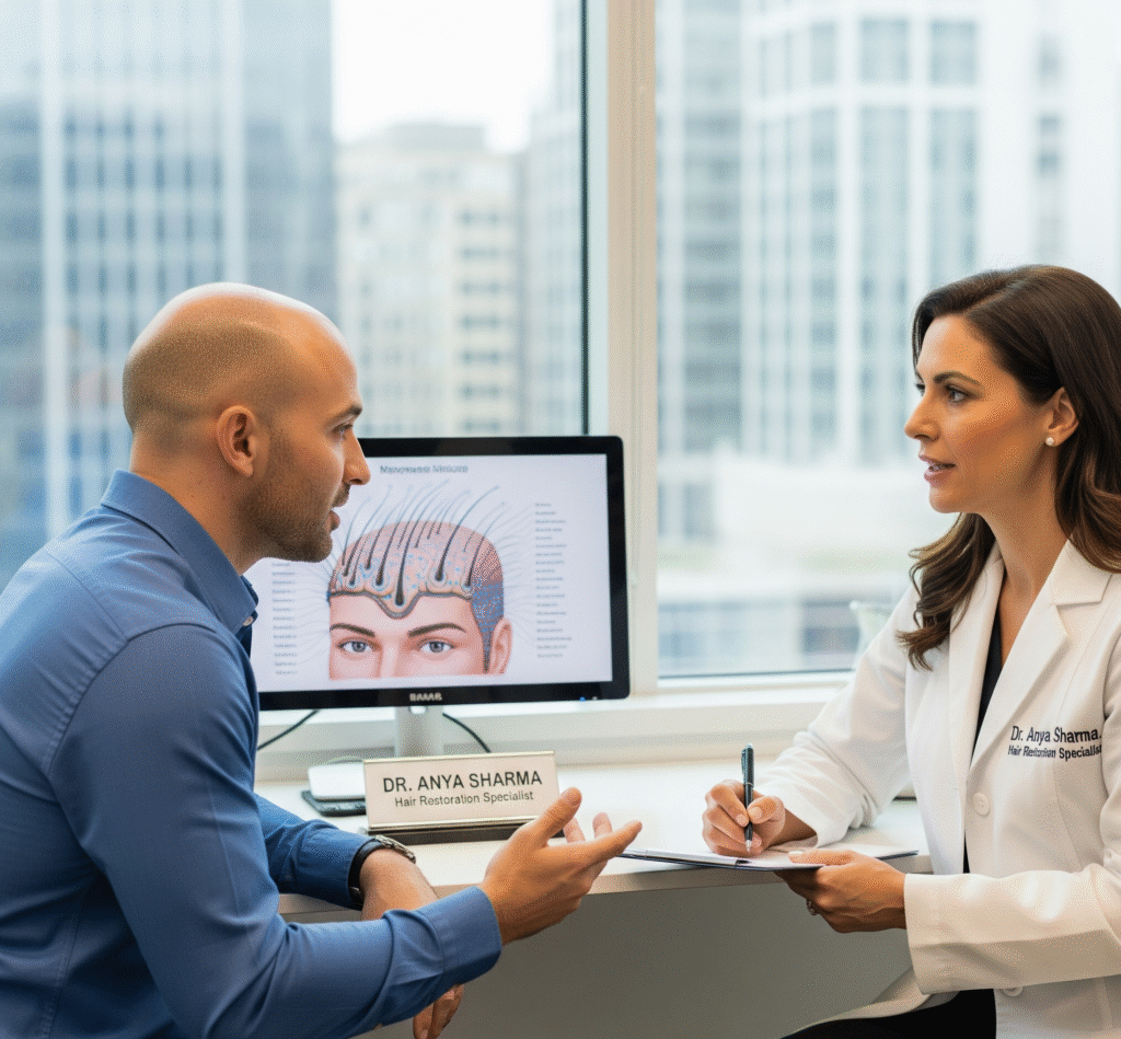 A man consulting a doctor about a hair transplant procedure.