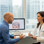 A man consulting a doctor about a hair transplant procedure.