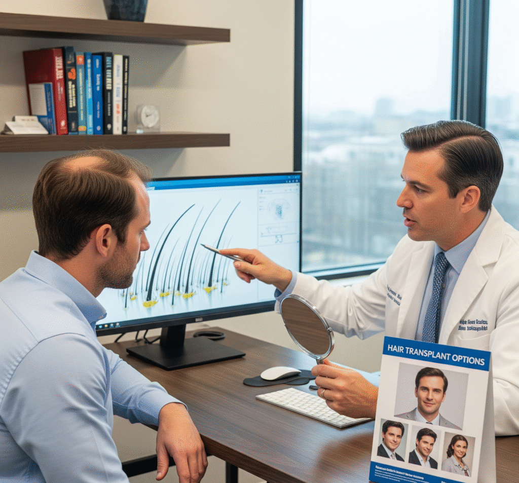 A patient consults with a doctor about a hair transplant.