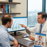 A patient consults with a doctor about a hair transplant.