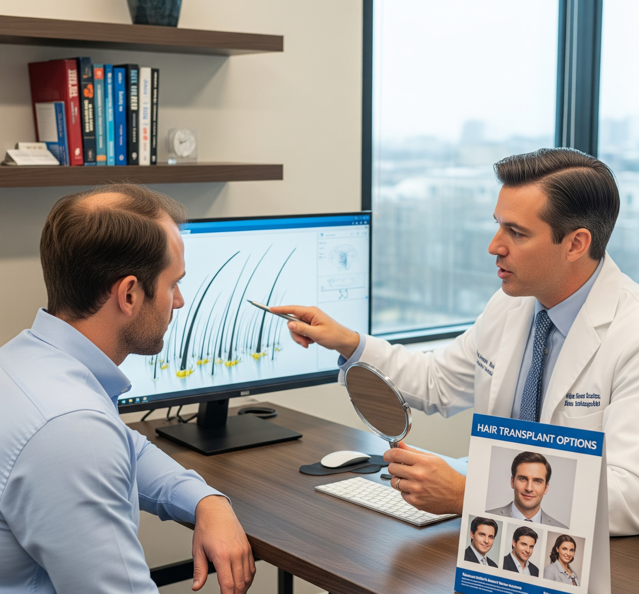 A patient consults with a doctor about a hair transplant.