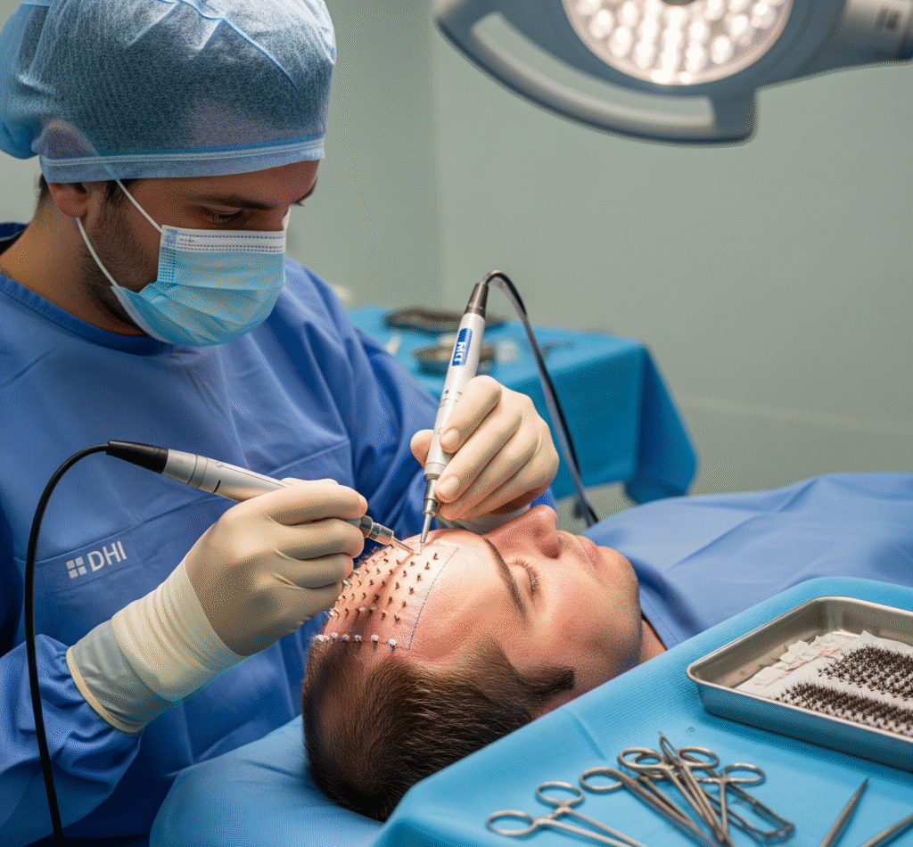 A surgeon performs a DHI hair transplant on a patient.