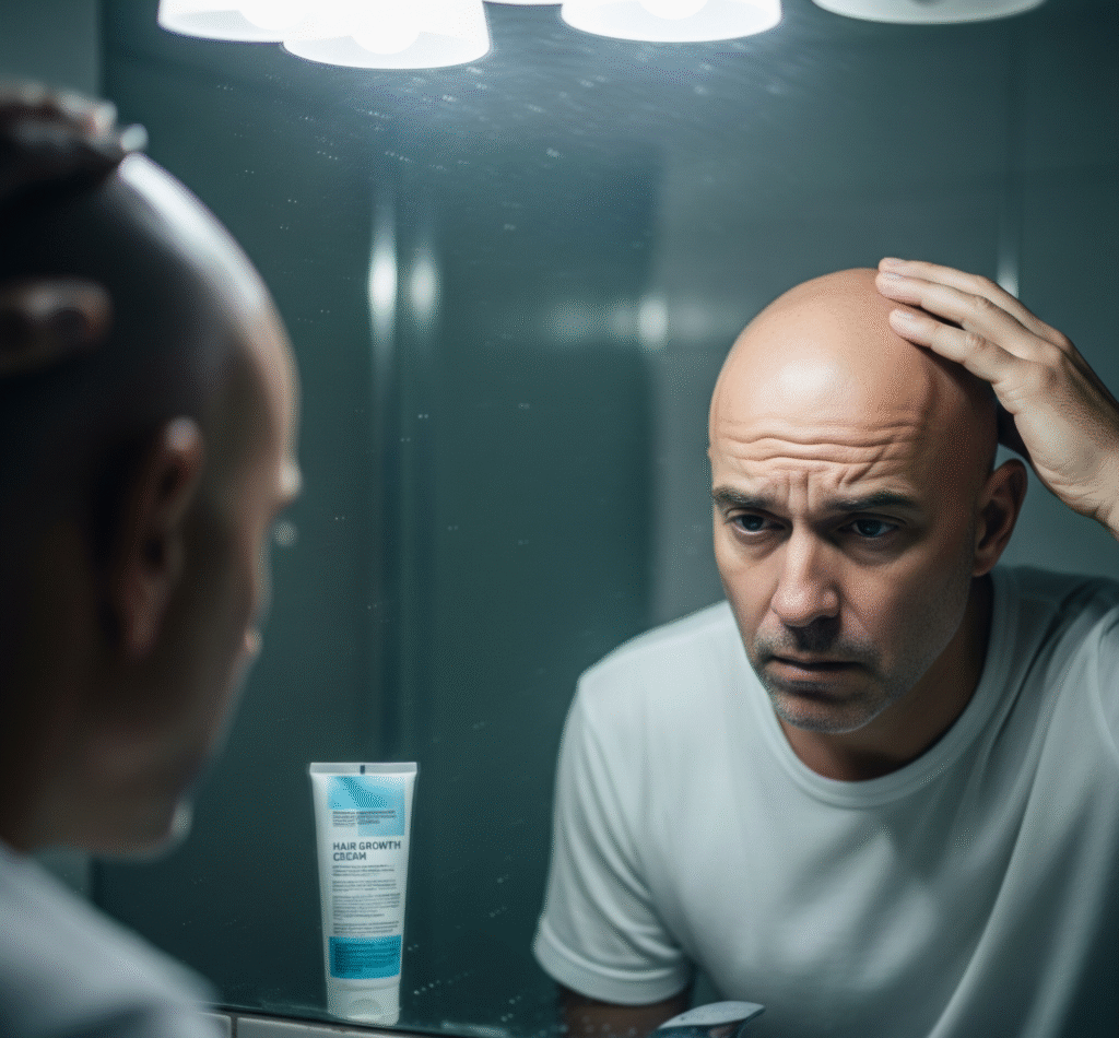 A sad bald man looking in a mirror and contemplating a hair transplant.