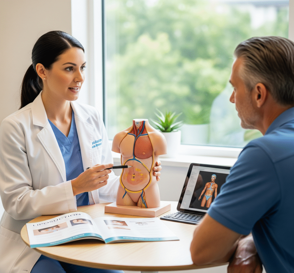 A doctor consults with a patient about liposuction