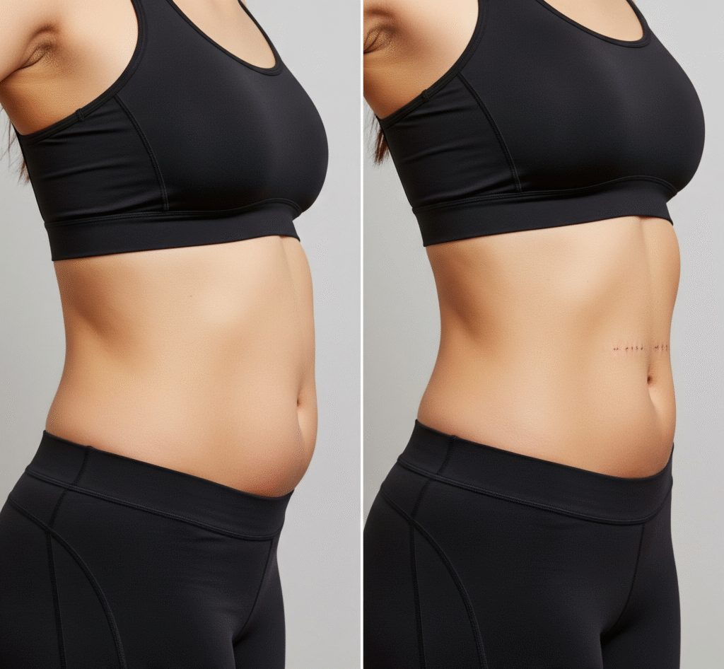 A side view of a before and after liposuction comparison on a person's abdomen.