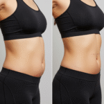 A side view of a before and after liposuction comparison on a person's abdomen.