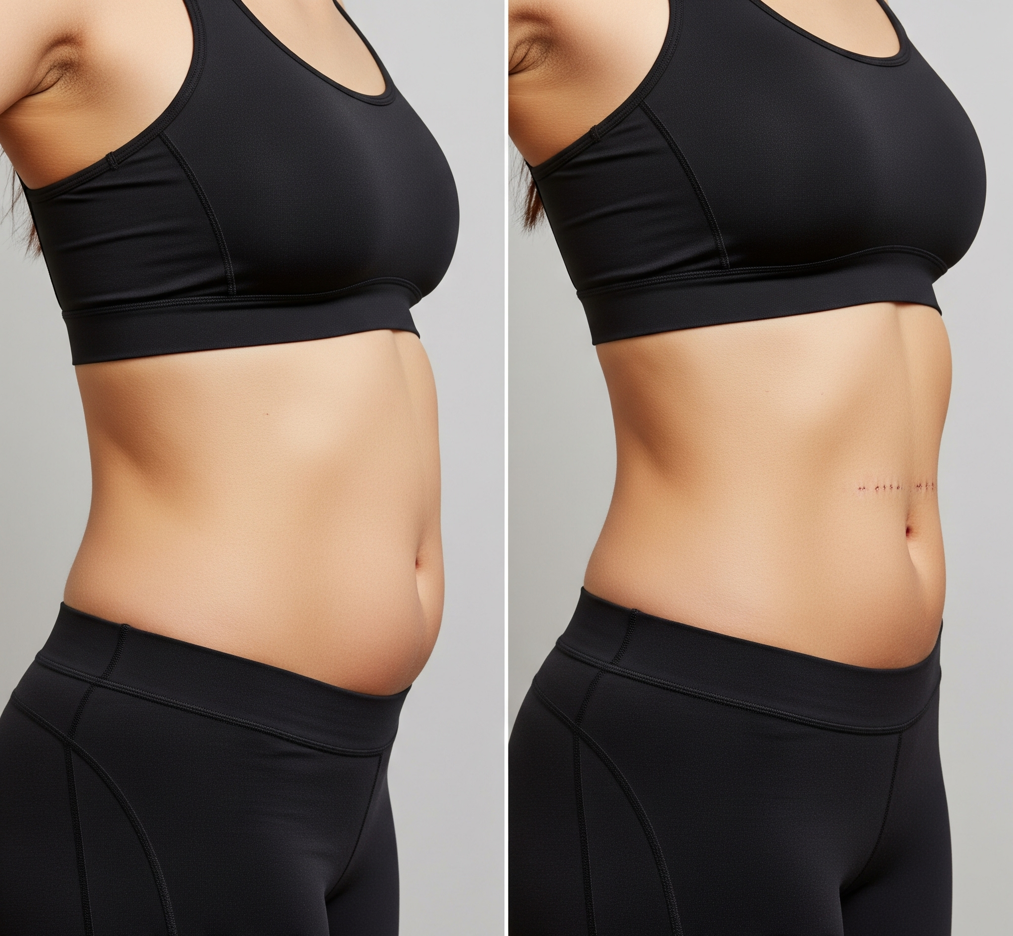 A side view of a before and after liposuction comparison on a person's abdomen.