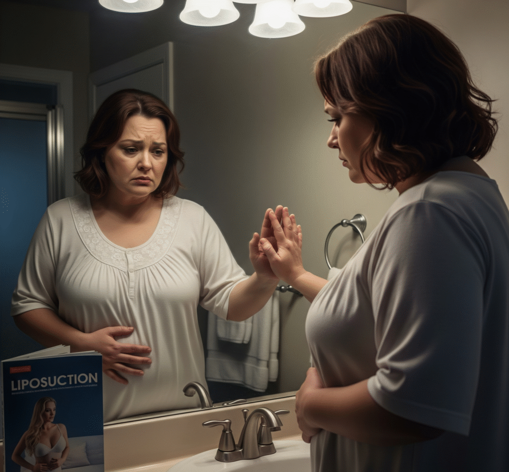 A sad, middle-aged woman stands in front of a bathroom mirror, looking at her reflection and contemplating liposuction in Kosovo.