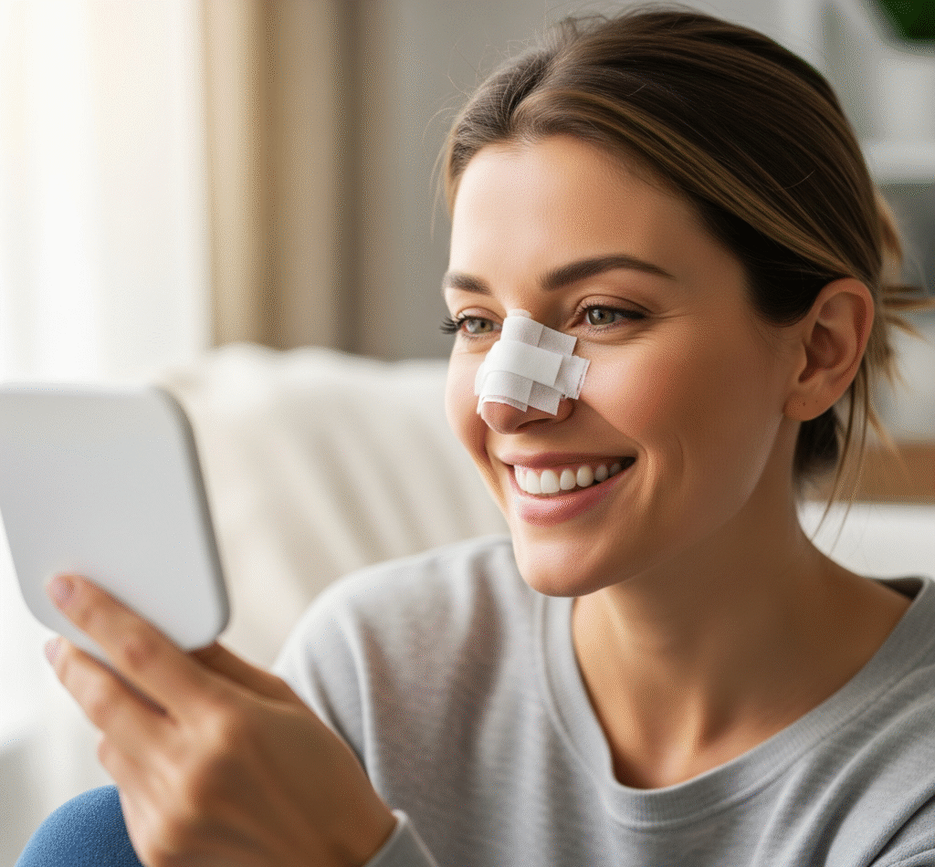 A happy woman with a bandage on her nose smiles while looking in a mirror after her rhinoplasty procedure.