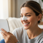 A happy woman with a bandage on her nose smiles while looking in a mirror after her rhinoplasty procedure.