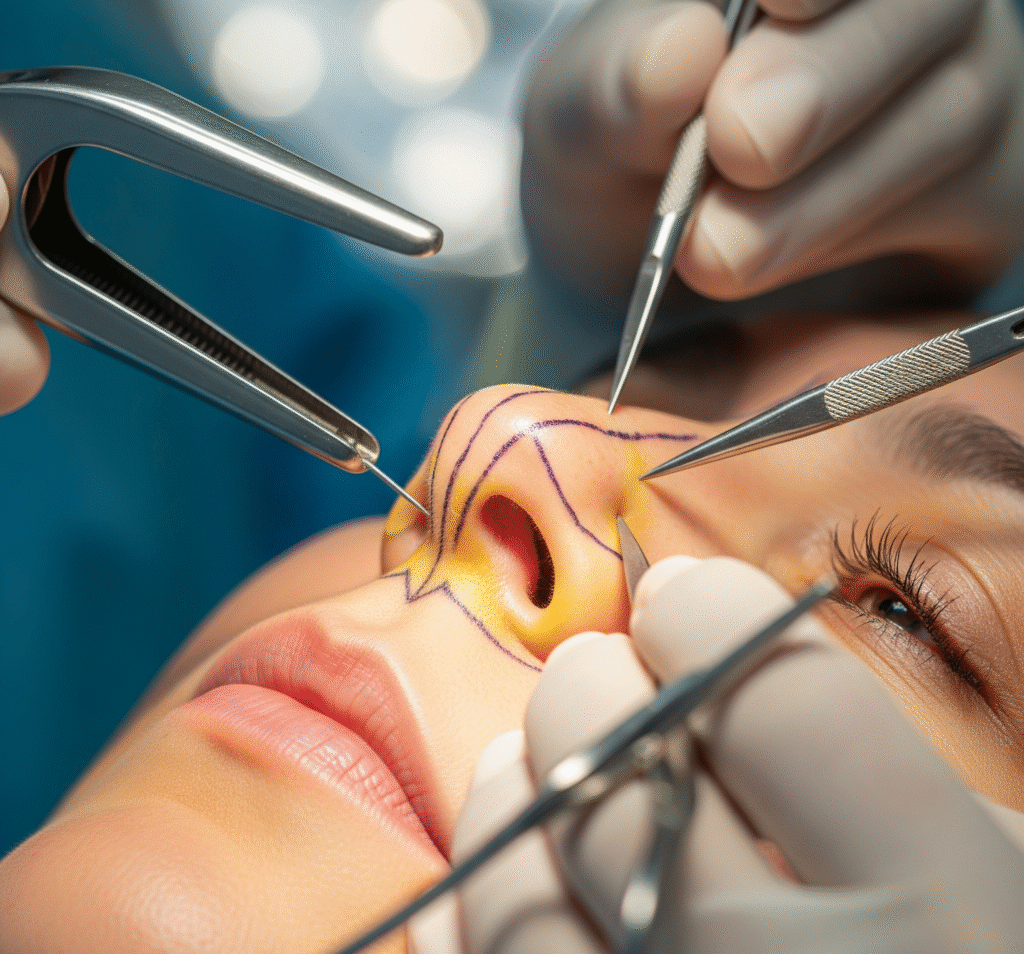 A close-up view of a nose with surgical markings during a rhinoplasty procedure, with a surgeon's hands and tools visible.