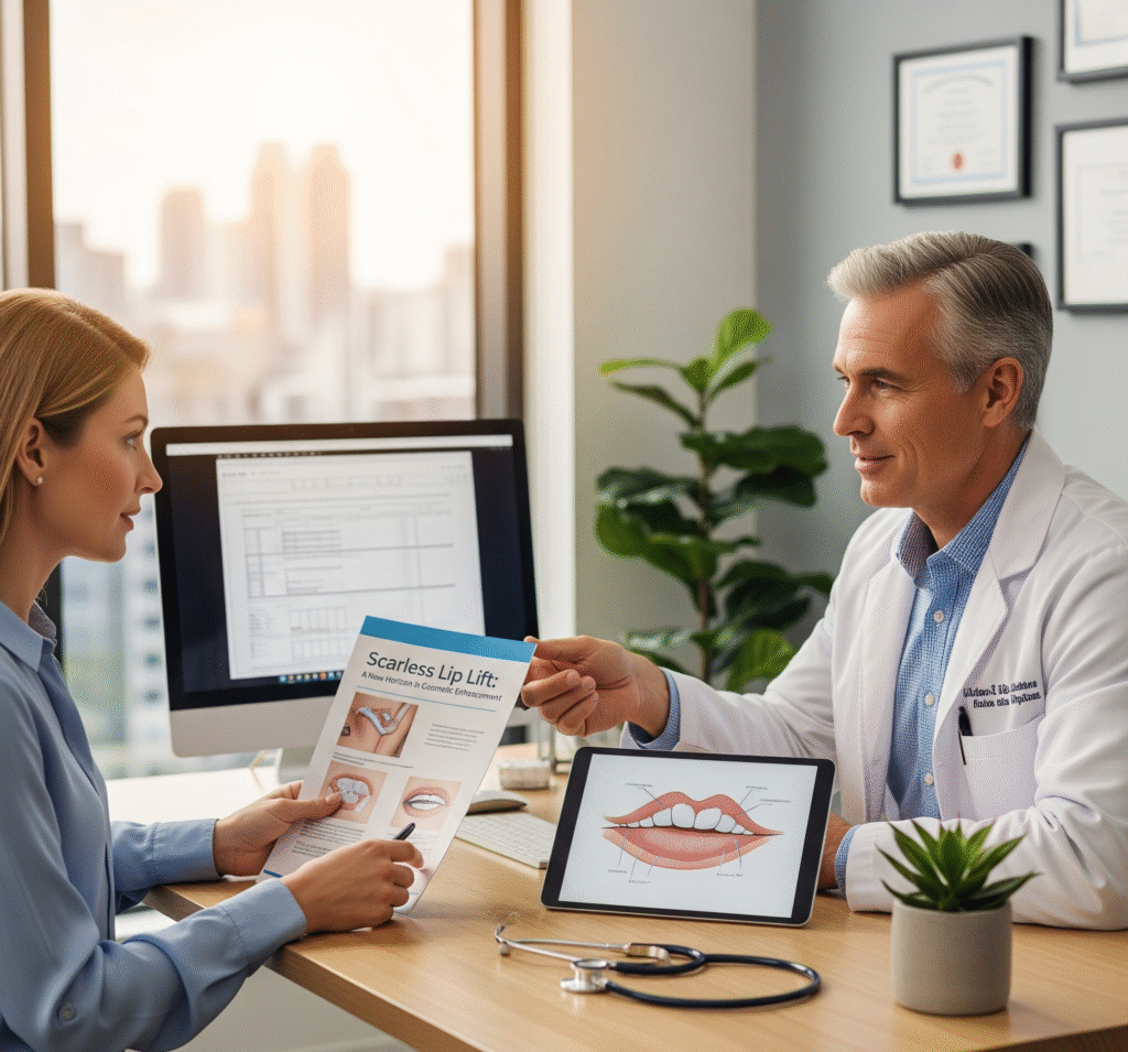A woman consulting with a male doctor in an office about the Scarless Lip Lift procedure, holding a pamphlet and looking at a tablet.